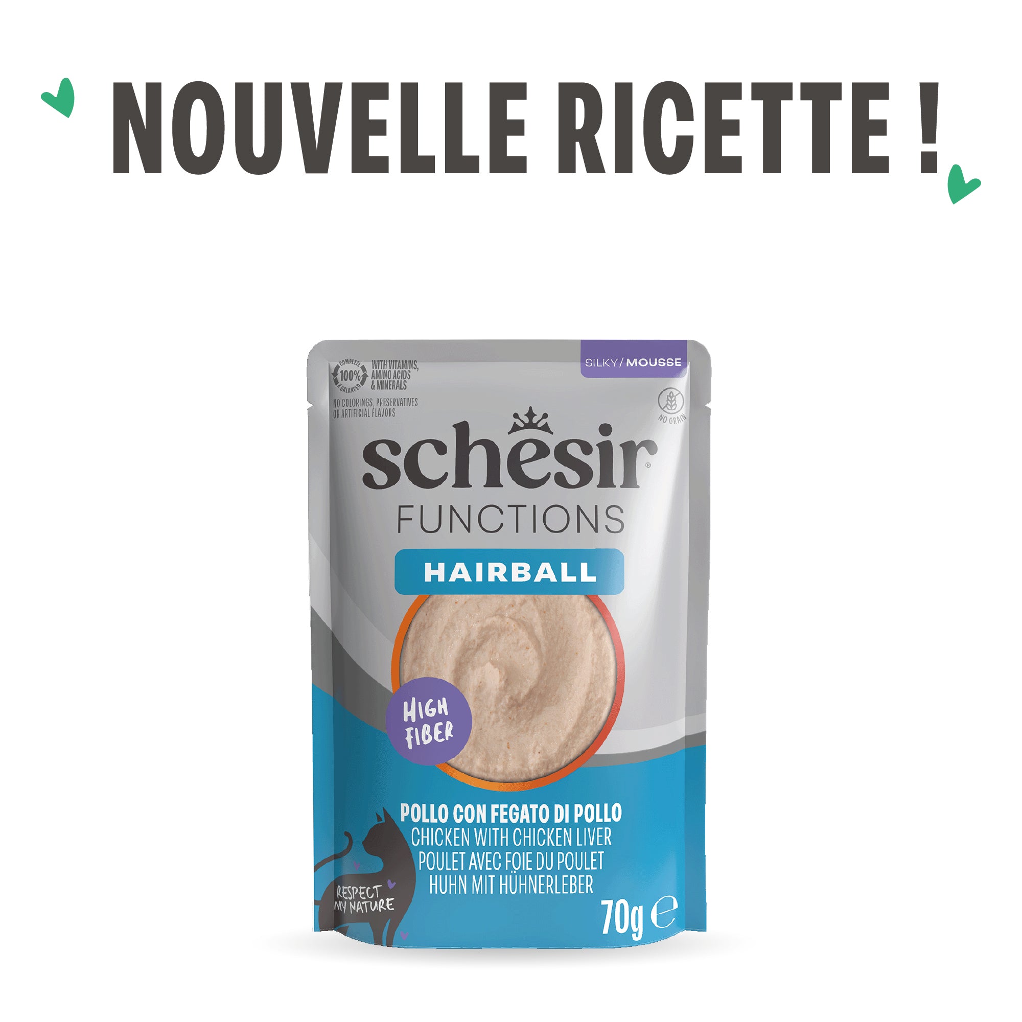 Hairball Poulet et foie de poulet, sachet 70 g mousse