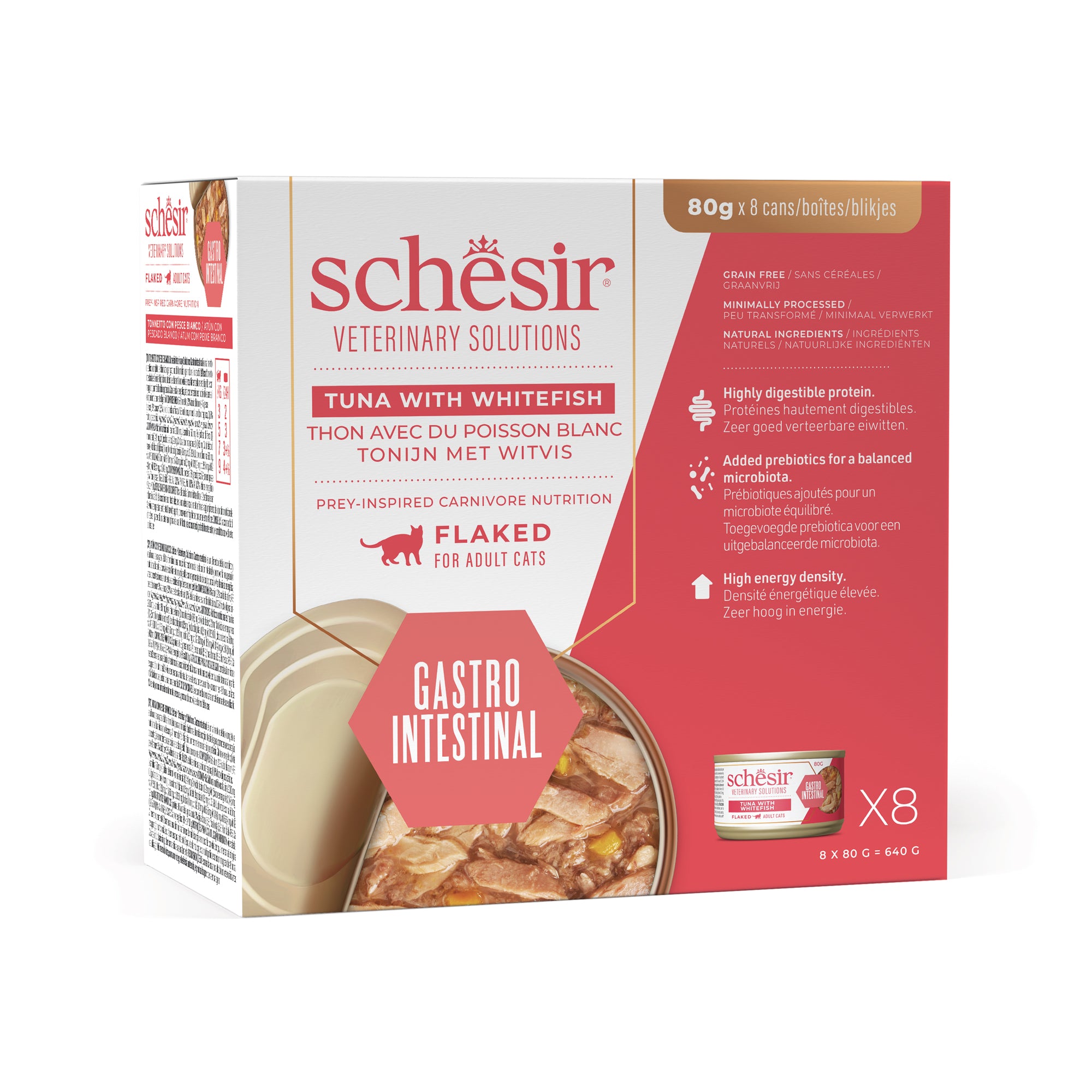 Schesir Veterinary Solution Gastro Intestinal Fiocchi Tonnetto con Pesce Bianco 8x80g