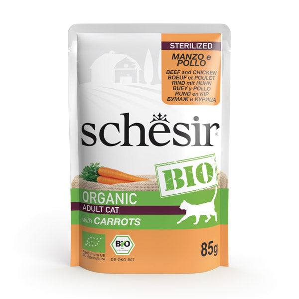 Carne de vaca y pollo esterilizada Bio con zanahorias para gatos en patè 85g en bolsa